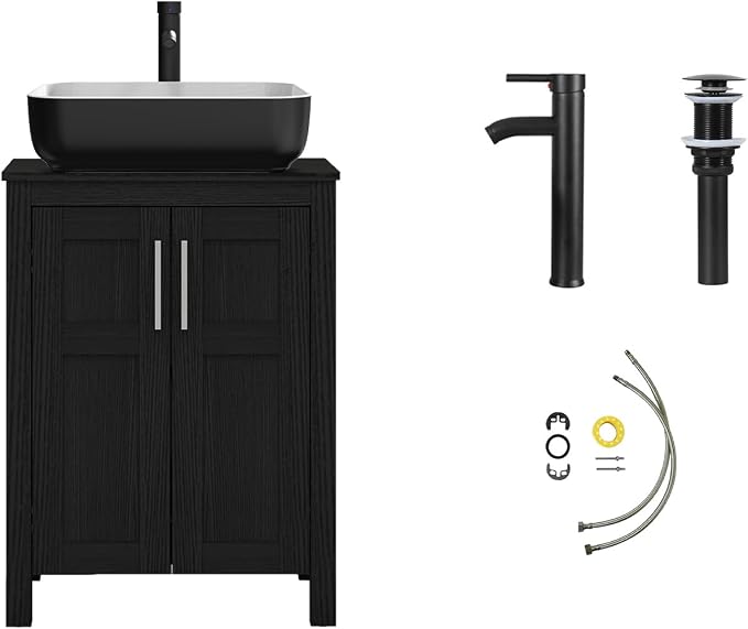 YOURLITE 24" Bathroom Vanity with Sink, Black Bathroom Vanity Cabinet, Faucet & Pop Up Drain Set,Traditional Vanity with with White & Black Ceramic Sink