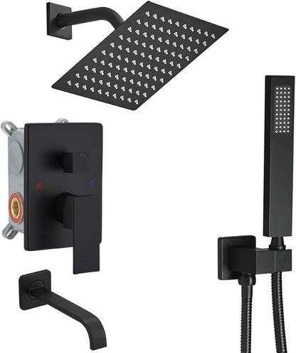 Matte Black Shower Faucet Set with Tub Spout Bathroom Rainfall 8 Inch Shower Head System with Handheld Single Handle Shower Trim Kit with Rough-in Valve