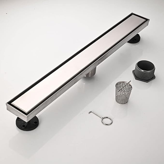 Linear Shower Floor Drain, 18 Inch Brushed Nickel 304 Stainless Steel Bathroom Drains Kit, Rectangular Shower Trench Drain with Reversable Tile-in Pattern Drain Cover & Hair Catcher