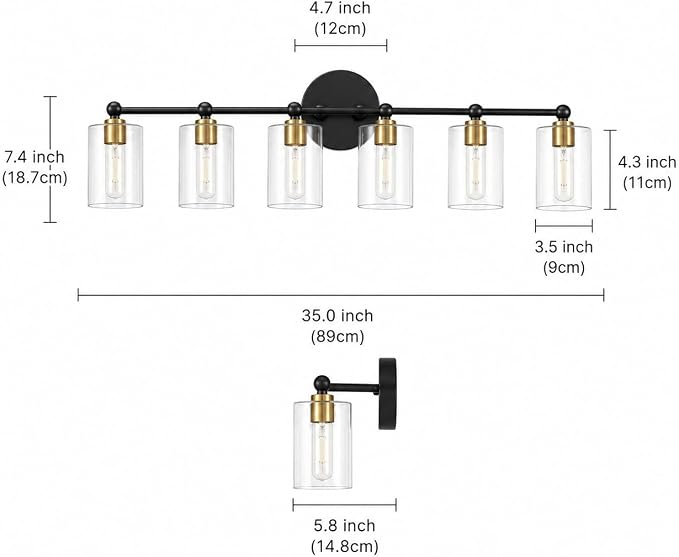 Black and Gold Vanity Light with 3 Color Modes, Eye Protection LED Bathroom Light Fixtures, Dimmable Modern Wall Light Over Mirror with Clear Glass Shade (Black & Gold, 6-Light)
