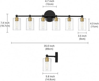 Black and Gold Vanity Light with 3 Color Modes, Eye Protection LED Bathroom Light Fixtures, Dimmable Modern Wall Light Over Mirror with Clear Glass Shade (Black & Gold, 6-Light)