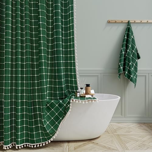 BTTN Emerald Green Boho Farmhouse Linen Heavy Duty Shower Curtain, 72x72