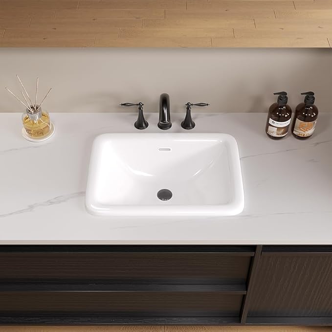 Bathroom Vessel Sink 18" x 14" Semi Recessed Sink White Drop in ceramic Sink with Overflow Modern Sinks Bowl Vanity Above Counter Basin