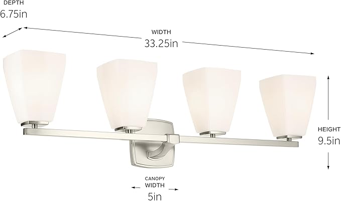 Kichler Marant 33.25" 4-Light Vanity Light with Opal Glass in Brushed Nickel, for Bathroom, Powder Room, Over a Mirror, (33.25" W x 9.5" H), 55217NI