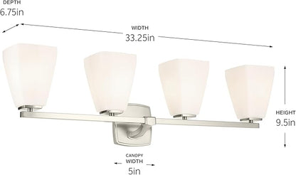Kichler Marant 33.25" 4-Light Vanity Light with Opal Glass in Brushed Nickel, for Bathroom, Powder Room, Over a Mirror, (33.25" W x 9.5" H), 55217NI