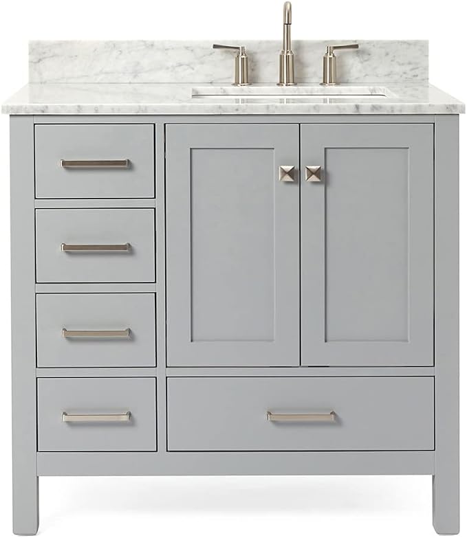 ARIEL Cambridge 36-inch Bathroom Vanity with Sink,Solid Wood, 0.75-inch Italian Carrara Marble Countertop, Single Rectangular Porcelain Sink, 2 Soft Closing Doors, 5 Dovetail Drawers, Grey