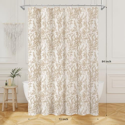 Brown Boho Linen Fabric Shower Curtain , Farmhouse Floral For Bathroom