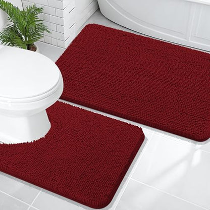 OLANLY Chenille Bathroom Rugs Mats Sets 2 Piece, 36"x24"+24"x20", Red