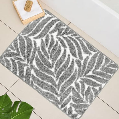 Gray Bathroom Rug - Grey Bath Mat Tropical Leaf Bath Rugs Non Slip Washable Bathrug for Bathroom Floor, Cute Bathmat Restroom Rug, Plant Absorbent Bath Mats Botanical Home Decor 20" x 32"