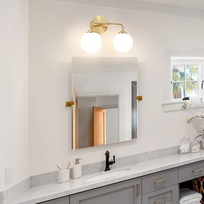 Modern Gold 2-Lights Bathroom Light Fixtures, Brass Vanity Light with Milky White Globe Glass Shade, Elegant Vanity Light Fixtures over Mirror, Wall Sconce Light for Bathroom, Mirror, Dressing Table