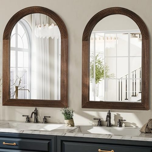 LOSOUR 2 Pack 24" x 36" Arched Mirror, Farmhouse Decor Solid Wood Frame Bathroom Mirrors, Vintage Mirror for Bathroom, Living Room,Bedroom, Entryway, Hallway,Foyer (Coffee, 2 Pack-36" x 24")
