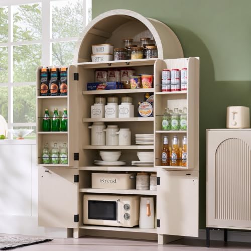 IFGET 71" Tall Arched Kitchen Pantry, Modern Fluted Storage Cabinet, Cream