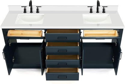 DKB Isabella 72 Inch Bathroom Vanity Double Sink — Midnight Blue Bathroom Vanity with Sink, 1.5" Edge Pure White Quartz Countertop, 4 Soft-Close Doors, 4 Dovetail Drawers, and 2 Tilt Drawers