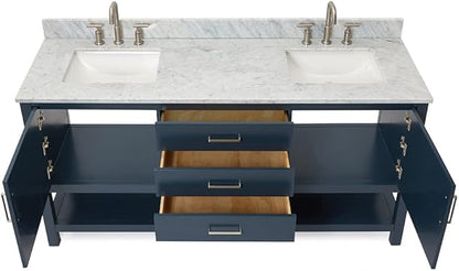 ARIEL Bayhill 72-inch Bathroom Vanity with Sink,Solid Wood, 0.75-inch Italian Carrara Marble Countertop, Double Rectangular Porcelain Sink, 2 Soft Closing Doors, 3 Dovetail Drawers, Midnight Blue