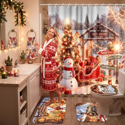 FuWeave 8 Pcs Christmas Shower Curtain Set for Bathroom Decor Include Vintage Steam Train Snowman Towels Christmas Non Slip Santa Cabin Rugs Toilet Lid Cover Xmas Bath Mat and 12 Hooks