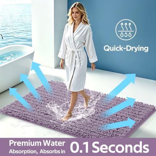 ACCUMTEK Upgrade Luxury 2 Piece Lavender Toilet Bathroom Rug Mat 48"x20"+24"x17", Ultra Soft Thick Absorbent Bath Mats, Non Slip Chenille Toilet Mat for Bathroom, Bedroom, Kitchen, Shower, Tub