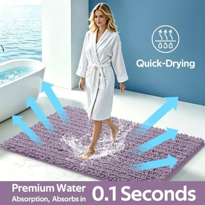 ACCUMTEK Upgrade Extra Large Lavender Bathroom Rug Set 3 Pieces Ultra Soft, Thick Absorbent Bath Mats, Non Slip Chenille Toilet Mat for Bathroom, Bedroom, Kitchen