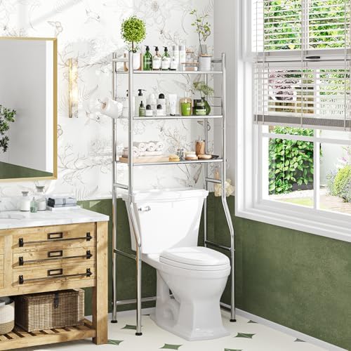 Simple Trending Over The Toilet Rack, Bathroom Shelf with Holder & Hooks