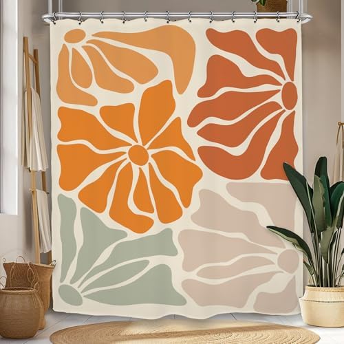 Matisse Flower Shower Curtain 60Wx72L Inch Abstract Retro Aesthetic Minimalist Vintage Art 70s Modern Orange Green Tan Bathroom Set Accessories Decor with 12 Pack Hooks