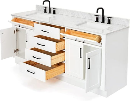 ARIEL Hepburn 72-inch Bathroom Vanity with Sink,Solid Wood, 0.75-inch Italian Carrara Marble Countertop, Double Rectangular Porcelain Sink, 4 Soft Closing Doors, 6 Dovetail Drawers, White