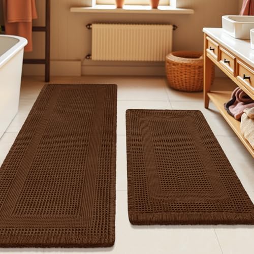 Waffle Bath Mat Set 2 Piece, Boho Woven Modern Bath Rug Absorbent Non Slip, Ultra Soft Bathroom Mats, Machine Washable Knit Bath Rugs with Tassels for Bathroom, Bedroom, Kitchen, Shower, Tub, Brown