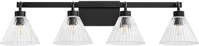AIJIASI 4-Light Bathroom Light Fixtures 34 Inch Matte Black Vanity Lights for Bathroom with Ribbed Glass Shade Modern Bath Vanity Lighting Fixtures Wall Sconce