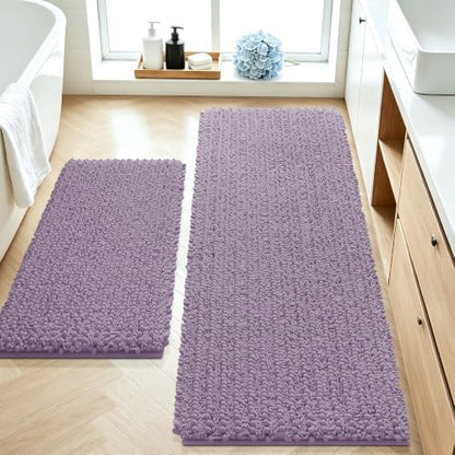 ACCUMTEK Upgrade Luxury 2 Piece Lavender Toilet Bathroom Rug Mat 48"x20"+24"x17", Ultra Soft Thick Absorbent Bath Mats, Non Slip Chenille Toilet Mat for Bathroom, Bedroom, Kitchen, Shower, Tub