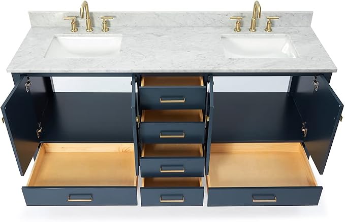 ARIEL Cambridge 72-inch Bathroom Vanity with Sink,Solid Wood, 0.75-inch Italian Carrara Marble Countertop, Double Rectangular Porcelain Sink, 4 Soft Closing Doors, 6 Dovetail Drawers, Midnight Blue