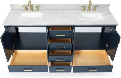 ARIEL Cambridge 72-inch Bathroom Vanity with Sink,Solid Wood, 0.75-inch Italian Carrara Marble Countertop, Double Rectangular Porcelain Sink, 4 Soft Closing Doors, 6 Dovetail Drawers, Midnight Blue