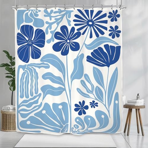 Abstract Blue Matisse Flower Shower Curtain 60Wx72L Inch Retro Vintage Aesthetic Minimalist Cute Art 70s Trendy Modern Bathroom Set Accessories Decor with 12 Pack Hooks