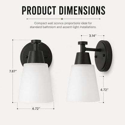 Wall Light Fixtures 2 Pack, Matte Black Vanity Lights with Milk Glass Shades, Modern Farmhouse Wall Sconces for Gallery, Mirror, Bedroom, and Bathroom