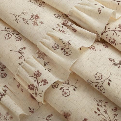 Brown Floral Farmhouse French Country Ruffle Linen Shower Curtain 72Wx72H