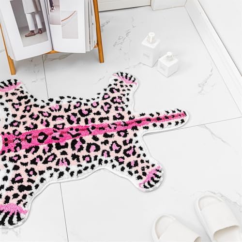 Pink Leopard Bath Mat Non Slip Absorbent Cartoon Rugs 39.3x25.5in