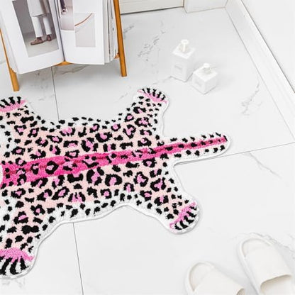 Pink Leopard Bath Mat Non Slip Absorbent Cartoon Rugs 39.3x25.5in