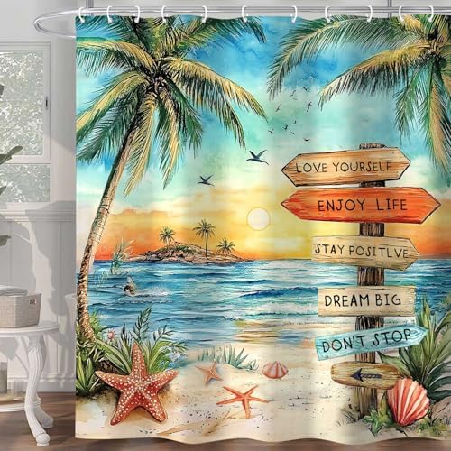 Beach Shower Curtain for Bathroom,Tropical Palm Tree Coastal Nautical Ocean Quotes Inspirational, Sunset Scenery Shower Curtain Set with Hooks,60Wx70H