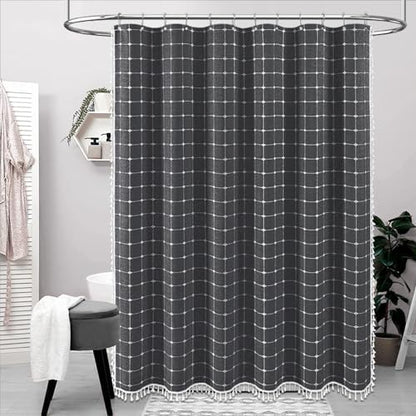 BTTN Long Boho Farmhouse Linen Fabric Shower Curtain, 72x84, Charcoal Gray