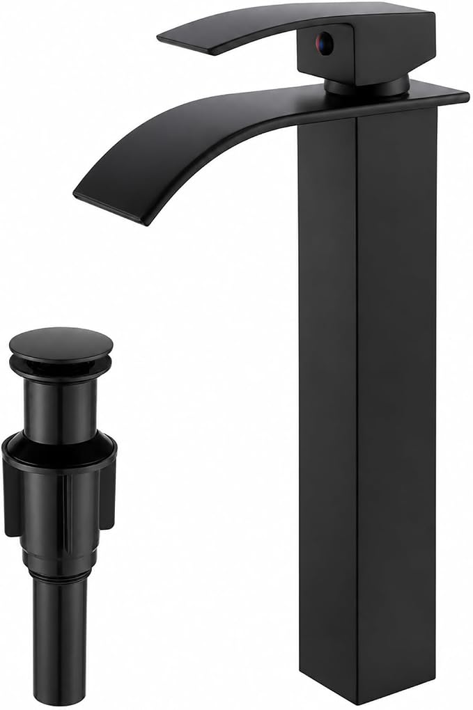 VOTON Vessel Sink Faucet Matte Black Modern Tall Waterfall Bathroom Sink Faucet with Pop-Up Drain Single Handle Bathroom Faucet 1 Hole Bowl Lavatory Vanity Faucet, Rv Sink Camper Farmhouse Faucet
