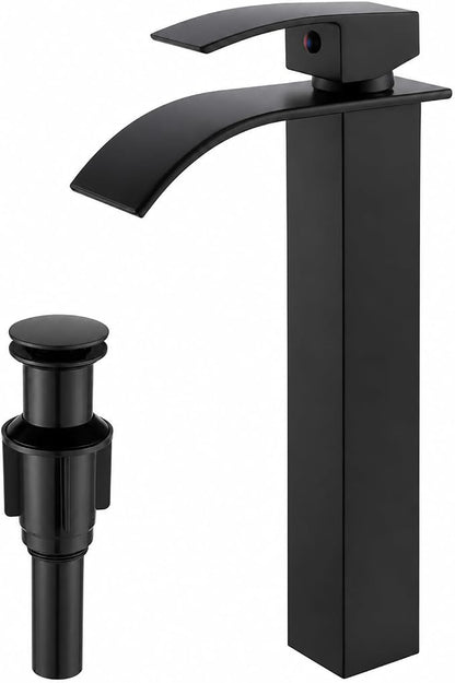VOTON Vessel Sink Faucet Matte Black Modern Tall Waterfall Bathroom Sink Faucet with Pop-Up Drain Single Handle Bathroom Faucet 1 Hole Bowl Lavatory Vanity Faucet, Rv Sink Camper Farmhouse Faucet