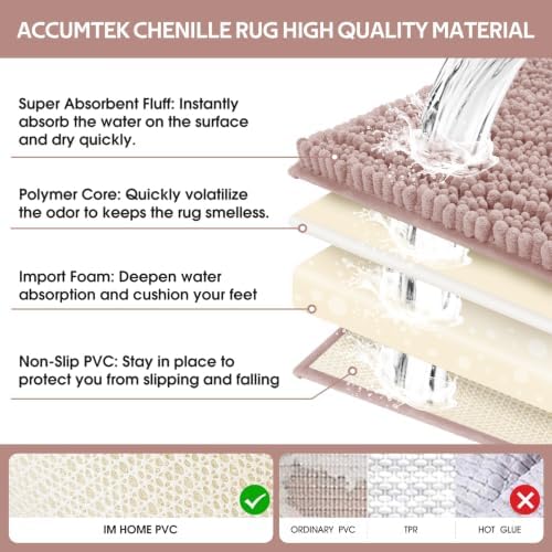 ACCUMTEK Upgrade Luxury 2 Piece Dusty Pink Toilet Bathroom Rug Mat 32"x20"+24"x17", Ultra Soft Thick Absorbent Bath Mats, Non Slip Chenille Toilet Mat for Bathroom, Bedroom, Kitchen, Shower, Tub