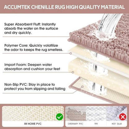 ACCUMTEK Upgrade Luxury 2 Piece Dusty Pink Toilet Bathroom Rug Mat 32"x20"+24"x17", Ultra Soft Thick Absorbent Bath Mats, Non Slip Chenille Toilet Mat for Bathroom, Bedroom, Kitchen, Shower, Tub