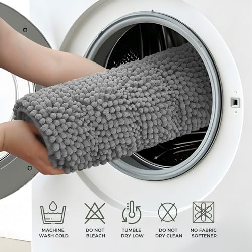 Bcoimo Bath Rug Mat,48x30 Chenille Non Slip Gray Long Bathroom Runner Rugs