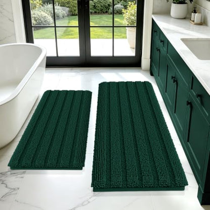 Christmas Striped Deep Green Bathroom Rug Mat Set 2 piece 24"x17"+48"x20" Ultra Soft, Non Slip Chenille Bath Rugs, Absorbent Plush Shaggy Bath Mats for Bathroom, Bedroom, Kitchen, Shower, Tub