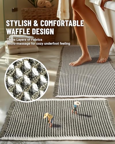 Large Waffle Bath Mat Set Non Slip, Ultra Absorbent Bath Mats for Christmas Bathroom Decor, Extra Soft Floor Bathroom Rugs Sets 2 Piece, Washable Bath Rugs Set, Green & White, 20"×47" and 16"×24"
