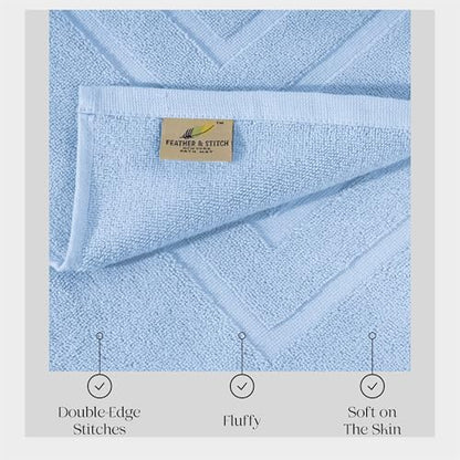 Feather & Stitch 2 Piece Towel Like Bath Mats (30x21 Inch) 100% Cotton Terry Bath Mats, Bathroom Shower Floor Mats [NOT A Bathroom Rug], Soft Absorbent Washable Mats - Sky Blue