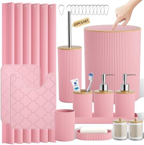 Pink Bathroom Accessories Set with Shower Curtain and Rugs, Decor