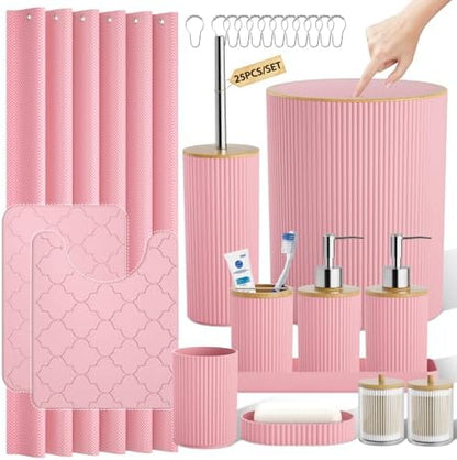 Pink Bathroom Accessories Set with Shower Curtain and Rugs, Decor