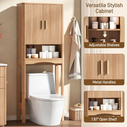 Vabches Farmhouse Over the Toilet Storage Cabinet with 2 Fluted Doors, Oak