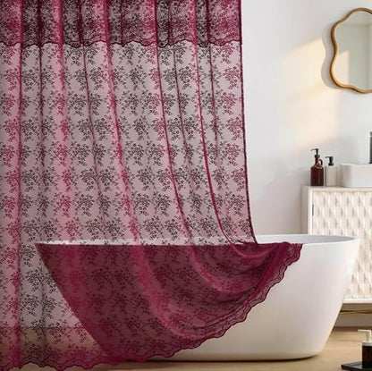 TUDECO Extra Long Dark Red Shower Curtain with Valance, 72W x 90L Inch