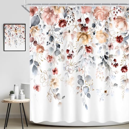 Floral Coral Pink Colorful Blue Eucalyptus Bathroom Shower Curtain Set