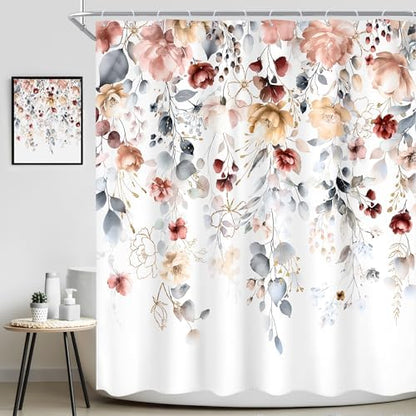 Floral Coral Pink Colorful Blue Eucalyptus Bathroom Shower Curtain Set